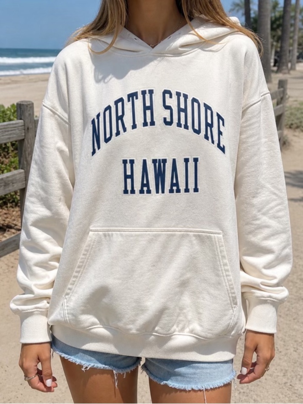 Brandy Melville Cream 'North Shore Hawaii' Hoodie with Navy Text